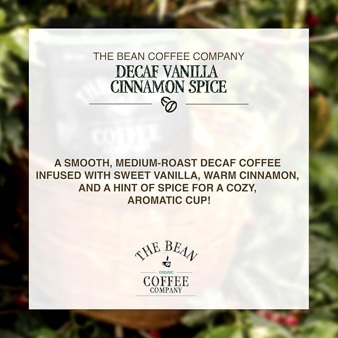 The Bean Organic Coffee Company Water Processed DECAF Vanilla Cinnamon Spice, Medium Roast, Ground Coffee, 16-Ounce Bag, Café Molido Tostado Orgánico descafeinado