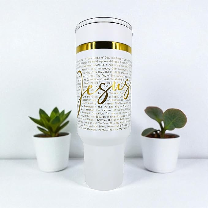 Christian Tumbler 40oz Stainless Steel Insulated Cup with Straw & Handle – Scripture Design Featuring Names of Jesus (Savior, Redeemer, Prince of Peace, Light of the World) (Jesus)