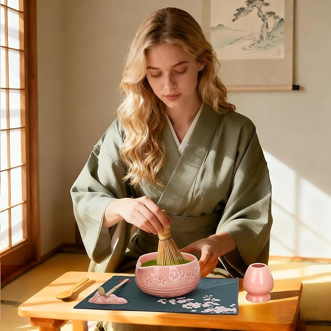 Matcha Whisk Set, Ceramic Bowl with Spout, Bamboo Matcha Whisk & Spoon, Chasen Holder, Scoop Rest, Sifter, 8-Pcs Japanese Ceremony Matcha Powder Kit–Christmas Gift for Women-Pink