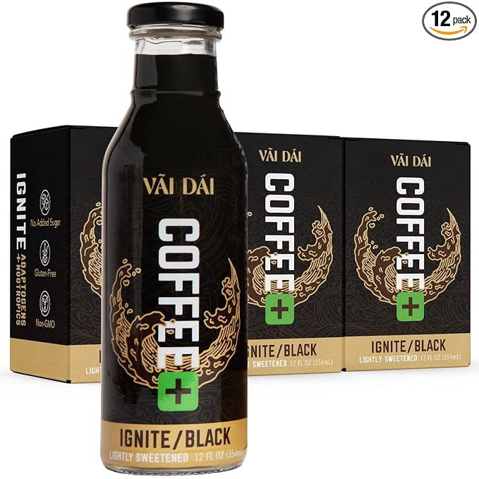 Vai Dai Coffee Black 12-pack, Lightly Sweetened, Ready-to-Drink, Functional, Adaptogens & Nootropics for Energy, Focus & Mental Clarity, with Lion’s Mane, Ashwagandha, Mushrooms & Cordyceps, Gluten-Free, Non-GMO. VaiDai