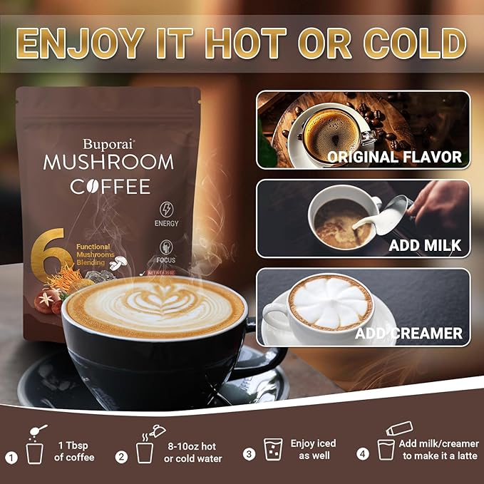 Mushroom Coffee, Instant Mushroom Coffee with 6 Mushrooms Lion’s Mane, Cordyceps, Turkey Tail & Other for Energy, Focus, Digestion, Immunity, 30 Servings (1 Pack)