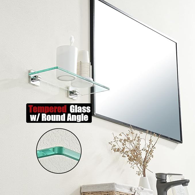 JQK Bathroom Glass Shelf Chrome, Tempered Glass Shower Storage 12 by 5 inches, 304 Stainless Steel Polished Chrome Wall Mount, TGS201L12-CH