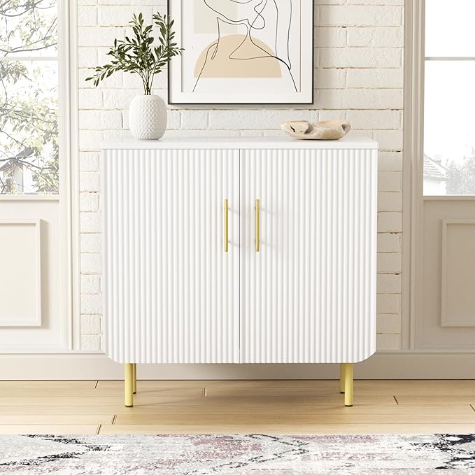 Vabches Fluted White Storage Cabinet, 2 Doors Modern Sideboard Buffet Cabinet with Adjustable Shelves and Metal Leg, Accent Cabinet for Living Room, Dining Room, Entryway (White & Gold)