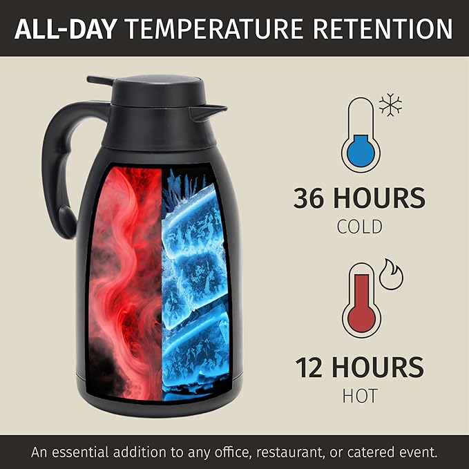 Thermal Coffee Carafe 68 oz by Cresimo – Updated 2025 Model – Insulated Black Stainless Steel Coffee Urn & Drink Dispenser, Keeps Drinks Hot 12h / Cold 36h – Durable & Easy to Pour