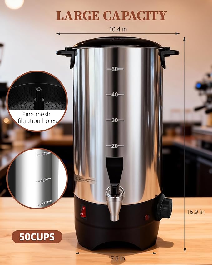 Commercial Coffee Urn, 50 Cup Coffee Maker and Hot Water Urn, 1500W Fast-Brewing Percolator for Business, Parties, Catering, and Large Gatherings (50 Cups)