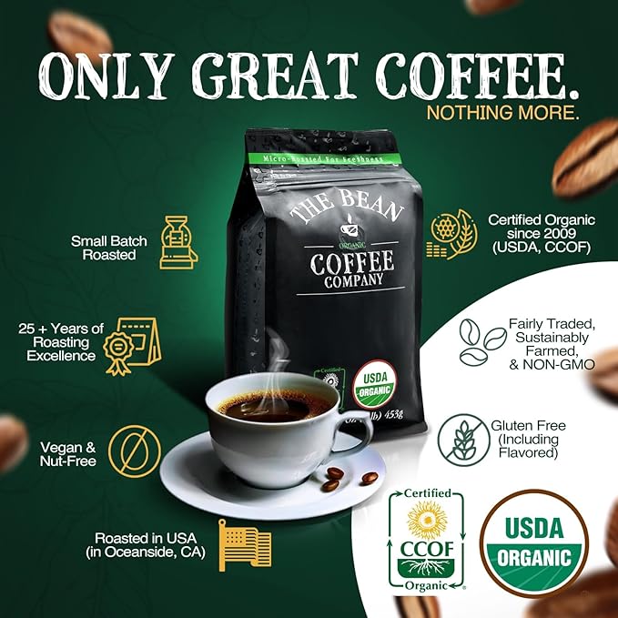 The Bean Organic Coffee Company Premium Espresso, Dark Roast, Ground Coffee, 16-Ounce Bags (Pack of 2),Café molido tostado organico