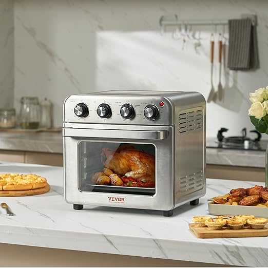 VEVOR 7-IN-1 Air Fryer Toaster Oven, 18L Convection Oven, 1800W Stainless Steel Toaster Ovens Countertop Combo with Grill, Pizza Pan, Gloves, 6 Slices Toast, 10-inch Pizza, Home Use