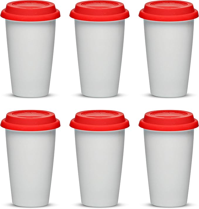 DISCOUNT PROMOS 11 oz. Double Wall Ceramic Tumblers with Lid - 6 Pack - Red