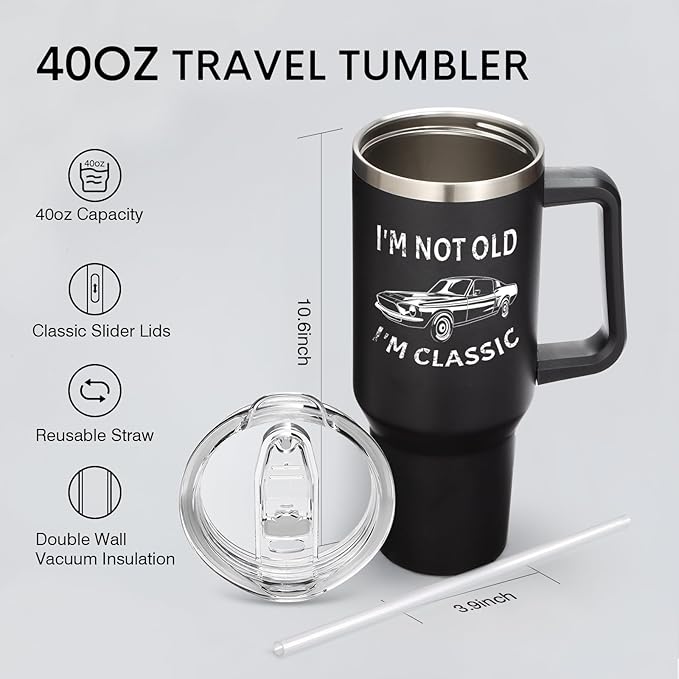 NOWWISH 40oz Tumbler with Handle and Straw for Men, I am Not Old Funny Christmas Gifts for Dad Husband Grandpa, Large Insulated Mug, Stocking Stuffer Idea - Black