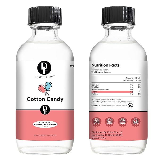 Dolce Flav Cotton Candy Extract 2 oz – Kosher, Sugar-Free, Concentrated Carnival-Style Flavoring for Baking, Frostings & Drinks, Includes Measured Dropper