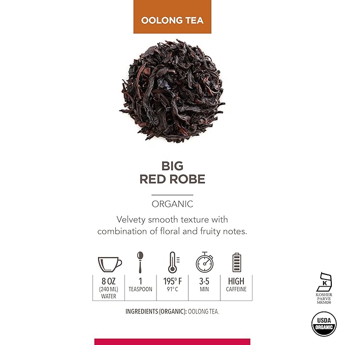 Teabloom USDA Organic Big Red Robe Oolong Loose Leaf Tea, Full-bodied Velvety Smooth Texture with Floral and Fruity Notes, 1.76 oz/50 g Canister Makes 35-50 Cups