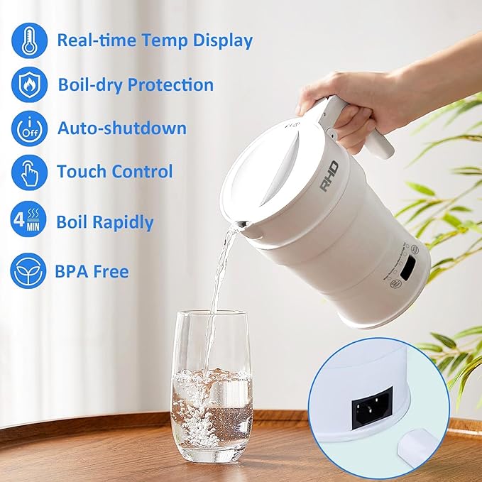 Travel Foldable Electric Kettle, 700ML Hot Water Kettle with Multifunctional Panel, Collapsible Small Boiling Water Kettle with Keep Warm & Delay Start, BPA-Free, 600W, 304 Stainless Steel, White