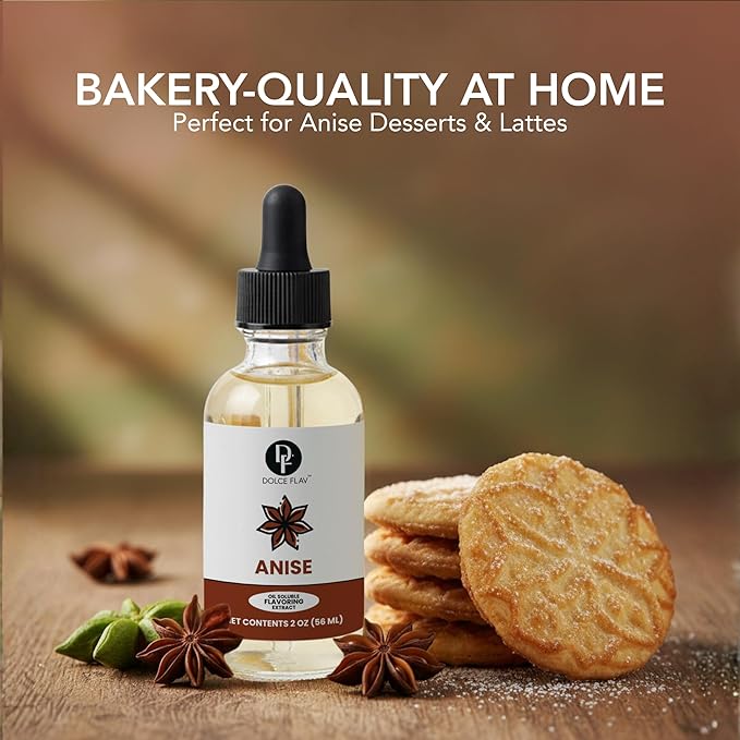 Dolce Flav Star Anise Extract – 2 Ounce Oil-Soluble Kosher, Sugar-Free, Concentrated Licorice Anise Flavoring for Baking, Cookies & Liqueurs, Includes Measured Dropper.