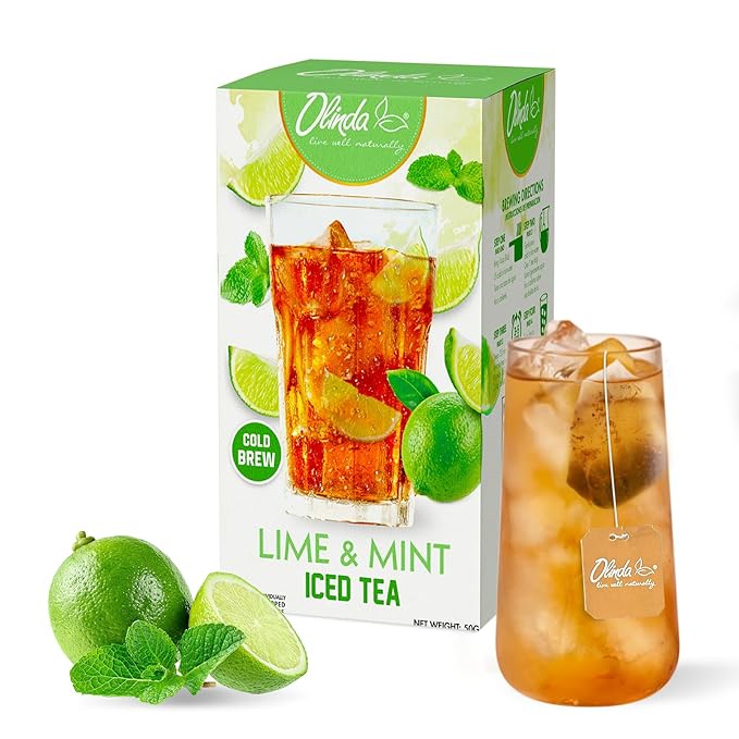 Olinda Lime & Mint Iced Tea Organic Herbal Sugar Free Minty Hot and Cold Brew Naturally Caffeinated Refreshing Peppermint Tea Individually Wrapped 25 Tea Bags Christmas Gift