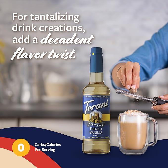 Torani Sugar Free Coffee Syrup, French Vanilla Flavored Syrup for Drinks, Zero Calorie, Pump Included, 25.4 Fl Oz