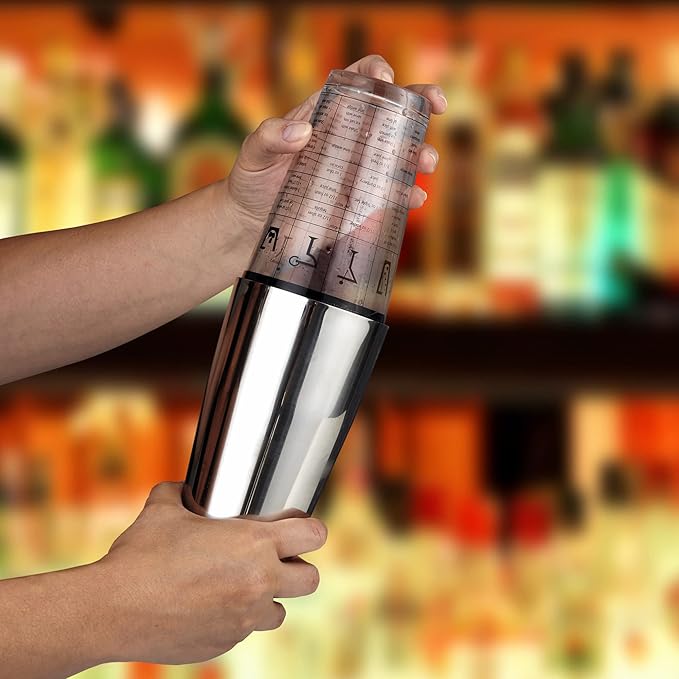 HIC Kitchen Bar Boston Cocktail Shaker and Mixer Glass Set with 7 Printed Recipes, 18/8 Stainless Steel and Borosilicate Glass