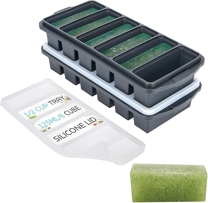 1/2 Cup Silicone Freezer Tray With Lid - Silicone Freezer Molds 2-Pack For meal prep & freezing of various sauces and other dishes, makes 12 perfect 1/2 cup portions cubes,oven and dishwasher safe