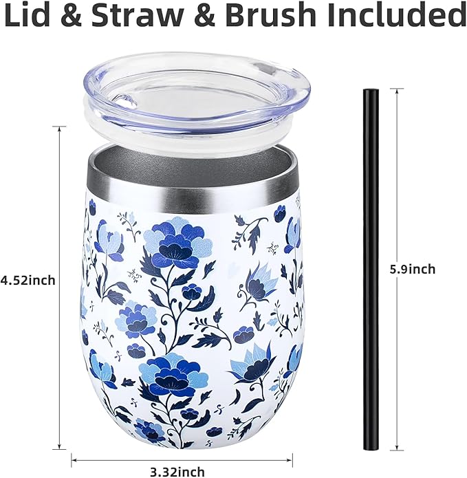 12 oz Insulated Wine Tumbler with Lid and Straw,Stainless Steel Stemless Wine Tumbler Glasses Double Wall Vacuum Wine Cups Tumbler Bulk for Coffee,Cocktail,Office (Blue and White Porcelain,8)