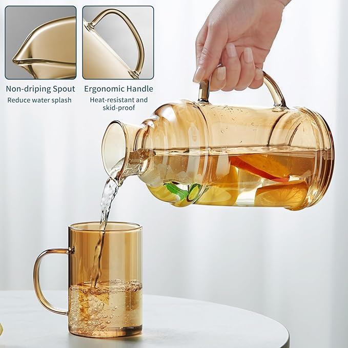 37OZ Glass Pitcher with Lid and Spout, Water Jug, 1000ml Carafe for Hot/Cold Water, Large Iced Tea Pitcher for Coffee, Juice and Homemade Beverage