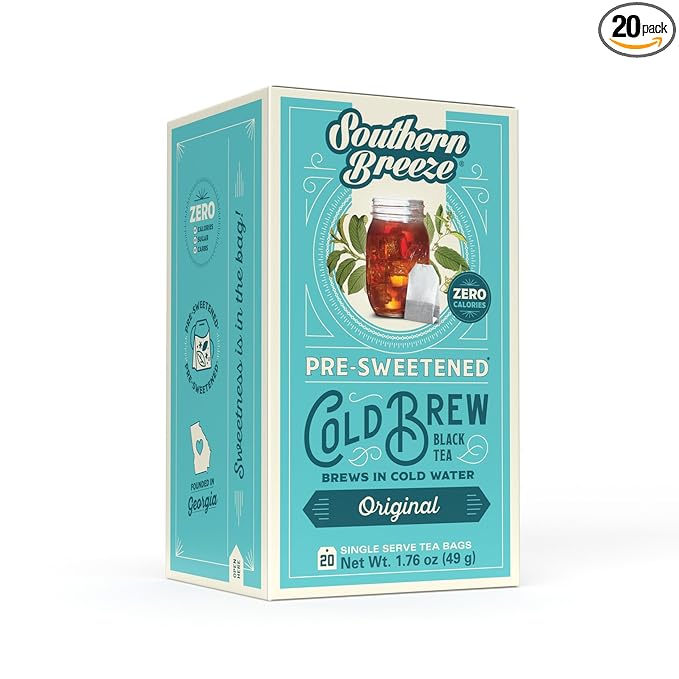 Southern Breeze Cold Brew Sweet Tea Original Iced Tea with Black Tea and Zero Carbs Zero Sugar, 20 Individually Wrapped Tea Bags Southern Sweet Tea Iced Tea Beverage
