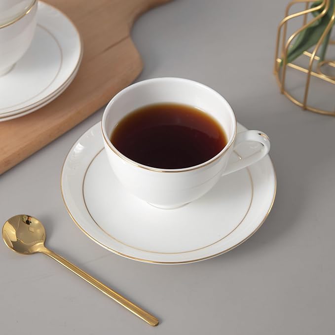 Bone China Tea Cups and Saucers Set (7 oz, Set of 4) – White Luxury Fine Porcelain Mugs for Tea, Coffee, Latte Art, Barista Use, Elegant Gifting