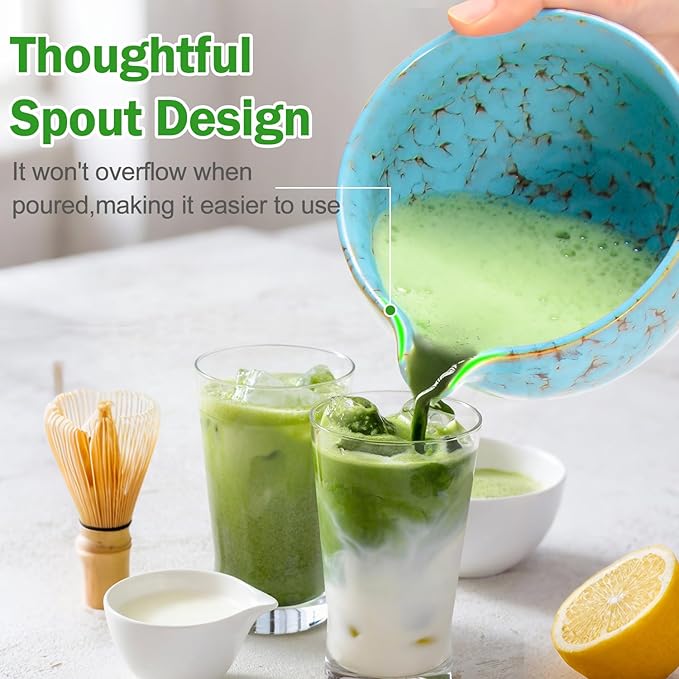 MONOJOY Matcha Bowl and Whisk Set – Multi-Layer Ice-Crackle Ceramic Chawan with Spout, Bamboo Chasen, Holder, Scoop & Sifter | Japanese Ceremonial Matcha Tea Kit for Lattes & Beginners