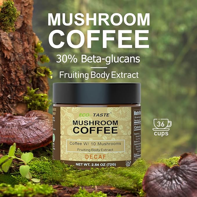 Decaf Mushroom Coffee - 36 Servings, Instant Coffee Mix Includes 10 Mushrooms Extract Powder, 72 Grams