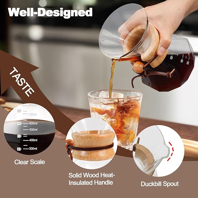 Pour Over Coffee Pot Set 800ml 27.1oz Features 304 Stainless Steel Filter Glass Coffee Pot with High Borosilicate Glass Duckbill Spout Design Solid Wood Handle Pour Over Coffee Daily Brewing