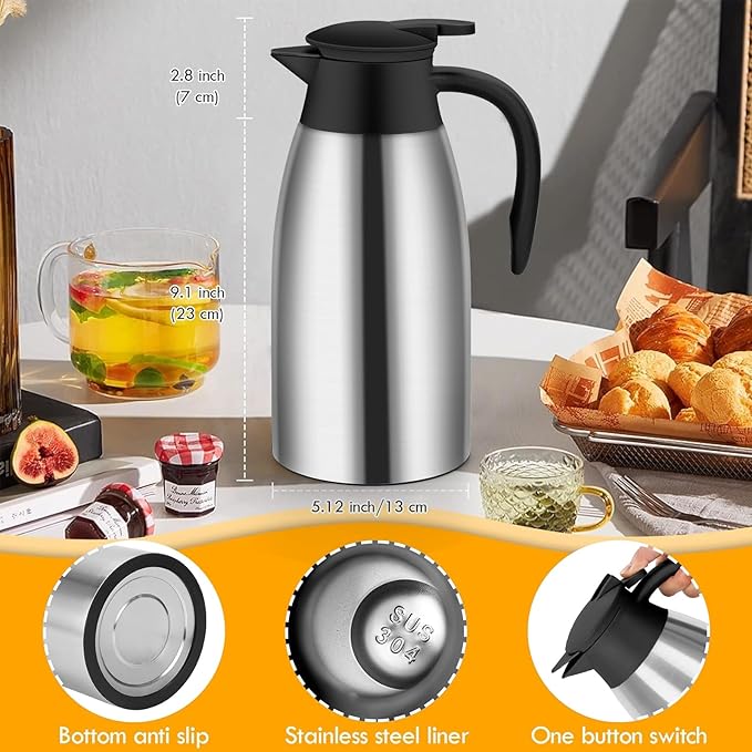 70oz Thermal Coffee Carafe Insulated Coffee Thermos,Stainless Steel Thermos Pitcher,Double Walled Vacuum Insulation Coffee Carafes For Keeping Hot,Tea Water Hot Beverage Dispenser