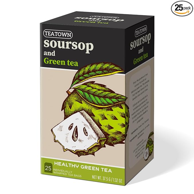 Life Plus Style Gourmet Tea Town Soursop Green Tea Natural Extract Soursop Heart Suppport Caffeinated No Additives No Sugar Healthy Premium Individually Wrapped Organic 25 Tea Bags