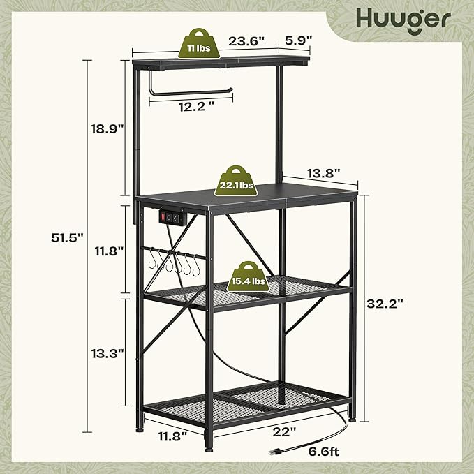 Huuger 4-Tier Bakers Rack with Reversible Power Outlet, 23.6 Inch Microwave Stand, Kitchen Coffee Bar, with Top Shelf, 6 S Hooks, Black