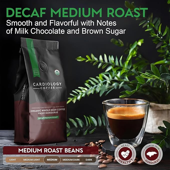 Cardiology Coffee – Organic Decaf Whole Bean Coffee, Swiss Water Process, Mold-Free, Heart-Healthy, 12oz (Medium Roast)
