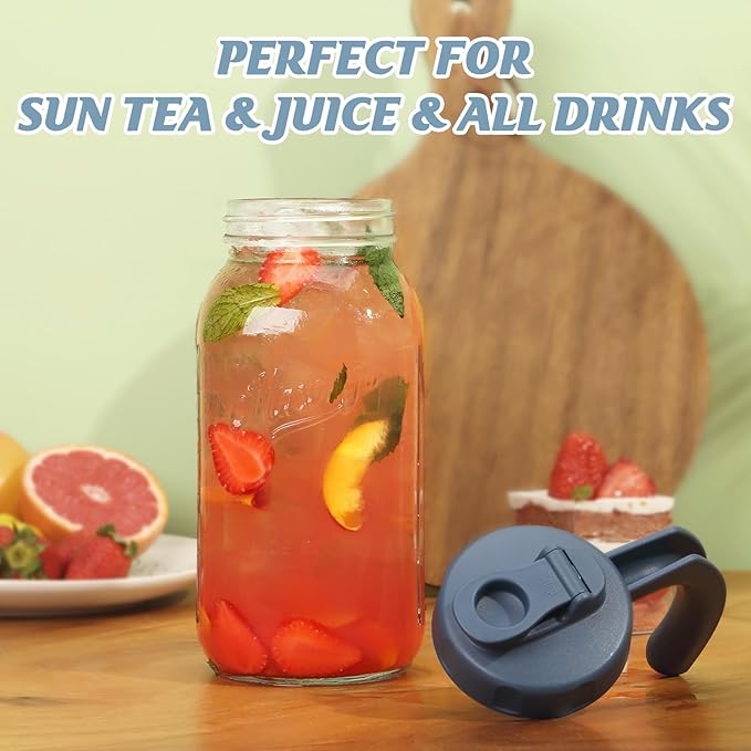 Soligt Glass Mason Jar Pitcher with Lid, Wide Mouth Flip Cap Pour Spout Leak-proof Lid with Handle, 64 oz (2 Quart / 1.9 Liter), for Sun Tea/Iced Tea/Juice/Cold Brew Coffee/Milk (1Pack, Hale Navy)