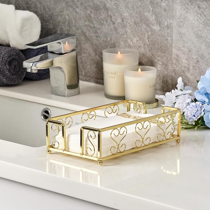 Gold Guest Towel Holder Tray for Bathroom – Napkin Organizer for Disposable Hand Paper Towels, Vanity Countertop Napkin Holder, Modern Bathroom Accessory for Guest Use and Decor