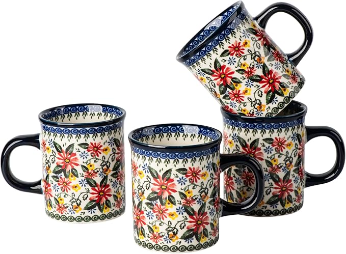 Ceramic Latte Mug Set of 4, 15.5oz Hand Painted Porcelain Coffee Cups With Handle for Tea/Milk/Cocoa - Modern Retro Design For Any Kitchen. Microwave and Dishwash Safe (Exotic Daisy)