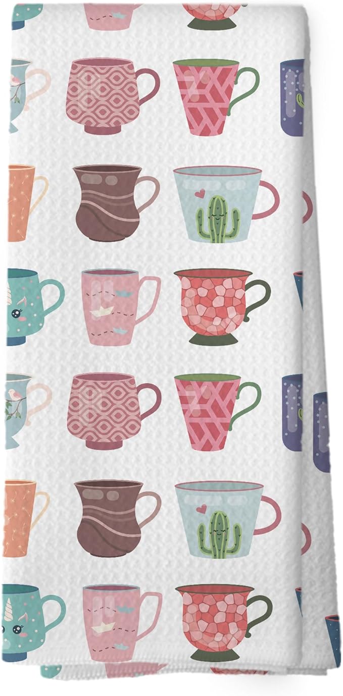 Modern Coffee Mugs Kitchen Dish Towels, Tea Lovers Gifts for Women Girls, Colorful Cute Cartoon Teacups Coffee Mugs Cups Hand Towels Kitchen Tea Towels Decorations, 16x24inch