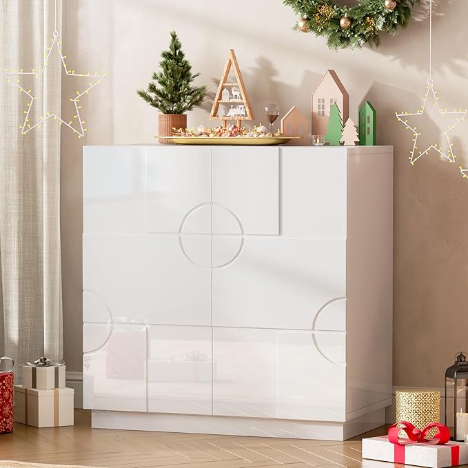 LVSOMT Sideboard Buffet Cabinet with Storage, Modern Accent Credenza with Doors and Adjustable Shelve, 33" Wood Coffee Bar Cabinet for Kitchen, Entryway, Dining Room, High Gloss White
