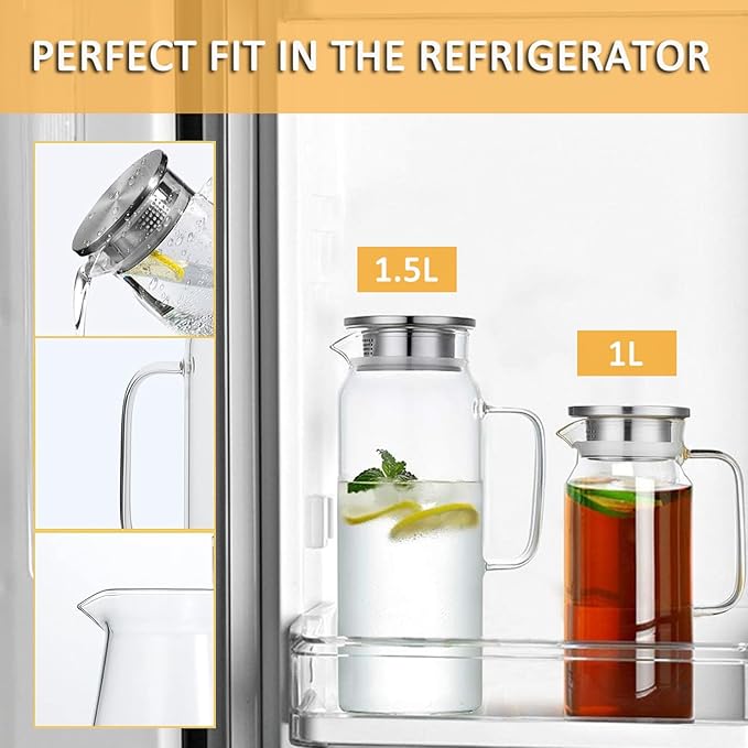 Hwagui - Heat Resistant Glass Pitcher with Stainless Steel Lid, Water Carafe with Handle, Good Beverage Pitcher for Homemade Juice and Iced Tea, 1500ml/51oz