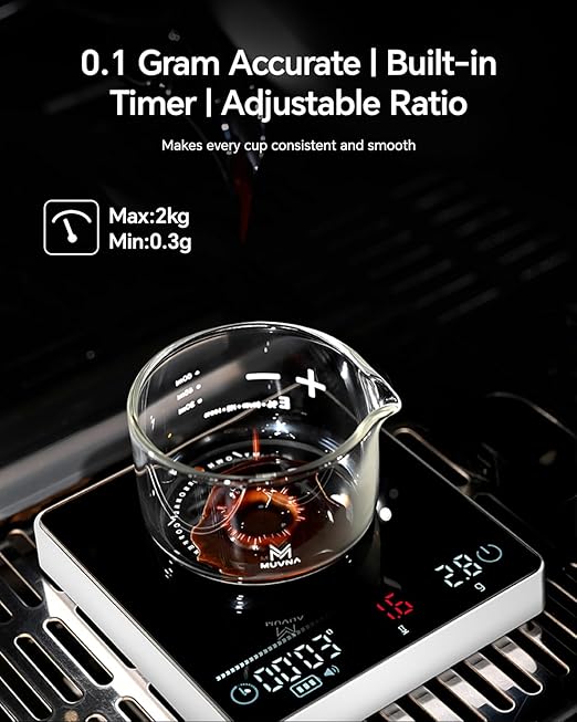 Digital Coffee Scale with Timer - MUVNA Mini Espresso Scale with Flow Rate Display & Brew Ratios, 4 Smart Modes, Rechargeable 2kg/0.1g Precision Scale for Pour Over, Coffee Bean Weight, Matcha, White