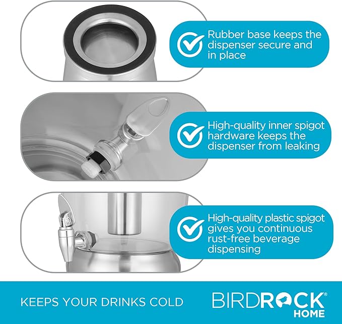 BirdRock Home 1.5 Gallon Stainless Steel Beverage Dispenser with Ice Container, Stand & Spigot - Round - BPA Free Clear Tritan Plastic