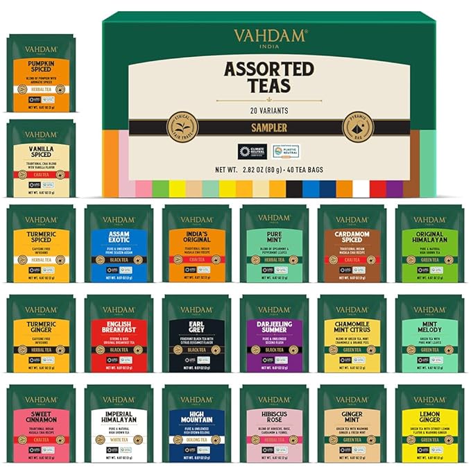 VAHDAM, Assorted Tea Sampler (20 Delicious Variety, 40 Individually Wrapped Pyramid Teabags) Long Leaf Premium Teas I Christmas Tea Gift Set