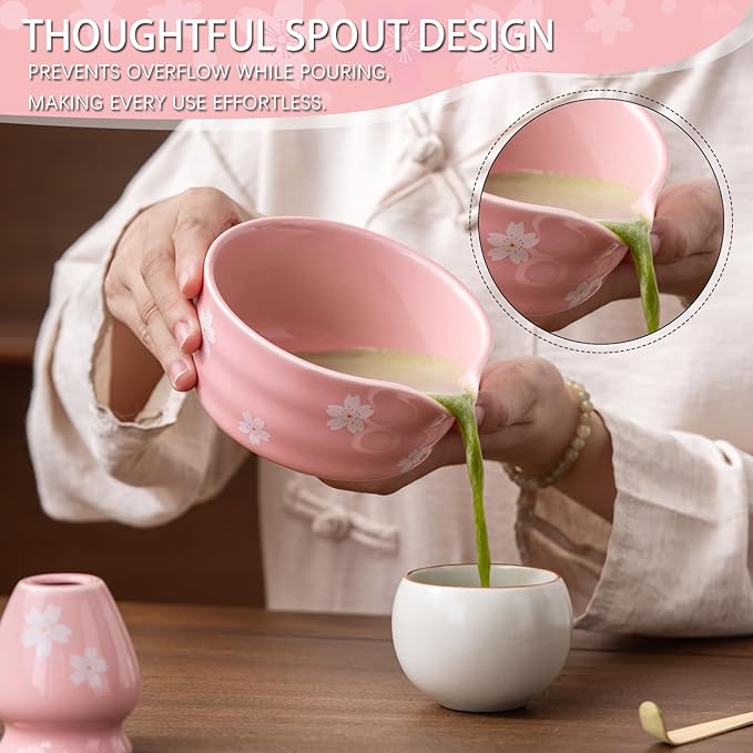 Matcha Whisk Set, Matcha Bowl with Spout, Matcha Whisk and Holder, Bamboo Matcha Scoop and Stainless Sifter，Ceramic Matcha Bowl Set (Pink)