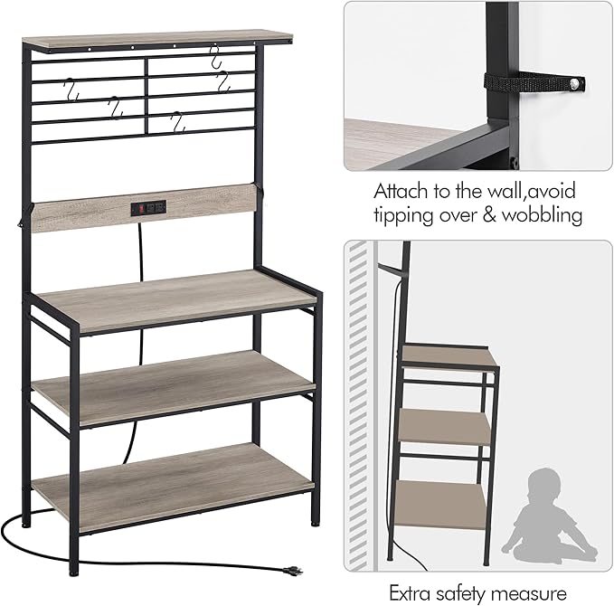 Yaheetech Bakers Rack with Power Outlet, Shelf Unit Coffee Bar Station with 5 S-Hooks & Adjustable Feet, Microwave Stand with Storage Shelf for Dinning Room/Living Room, Gray