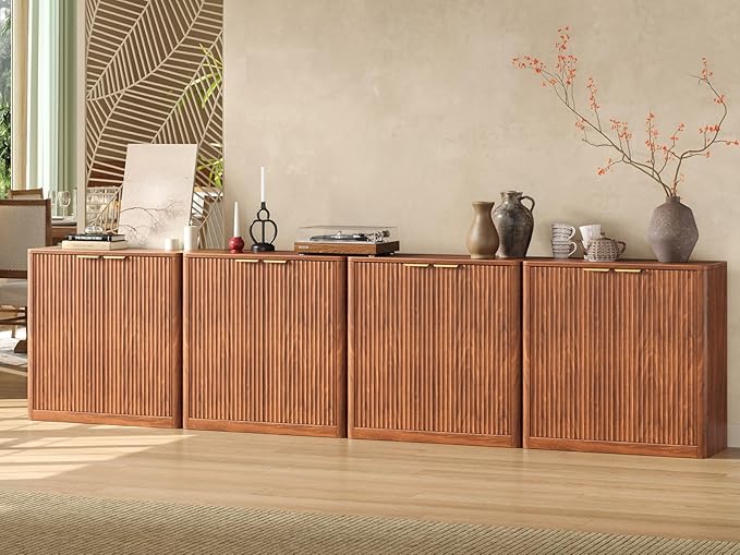 Evermagin 126" Walnut Buffet Cabinet with Storage, Large Sideboard Cabinet, Mid Century Modern Accent Credenza, Fluted Console Table with Doors for Dining Room, Kitchen, and Living Room