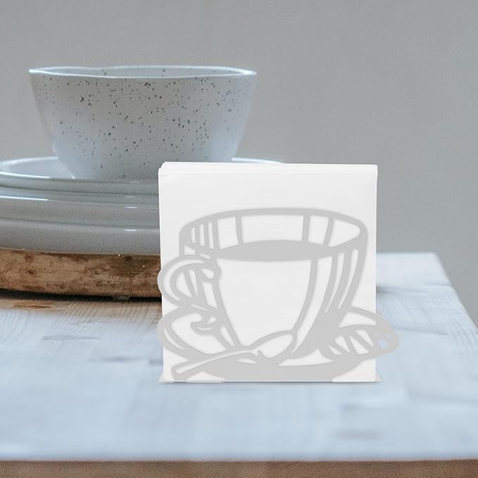 FUOYLOO White Stainless Steel Napkin Holder with Hollowout Coffee Cup Design Multifunctional Kitchen Table Tissue Stand for Countertop Dining Decor