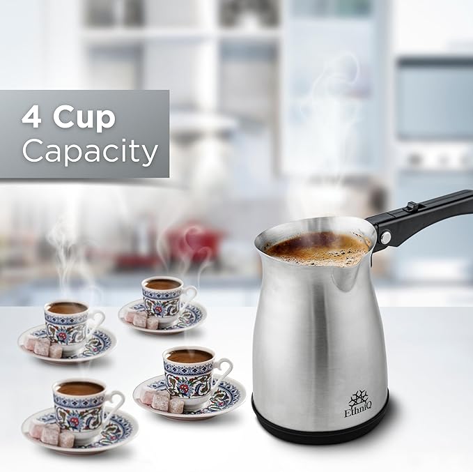 ETHNIQ Turkish Coffee Pot - Stainless Steel, 120V, 1 to 4 Cup Capacity, Coffee Maker with Foldable Handle for Home & Travel & on-off Button (Slow Brew)