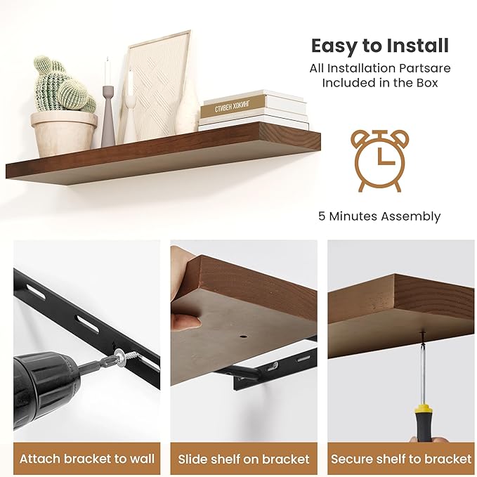Fun Memories Wood Floating Shelves Set of 2, Rustic Pine Wood Floating Shelves for Wall Mounting, Wide Wall Shelf for Home Decor and Storage, 16" W x 7" D, Walnut