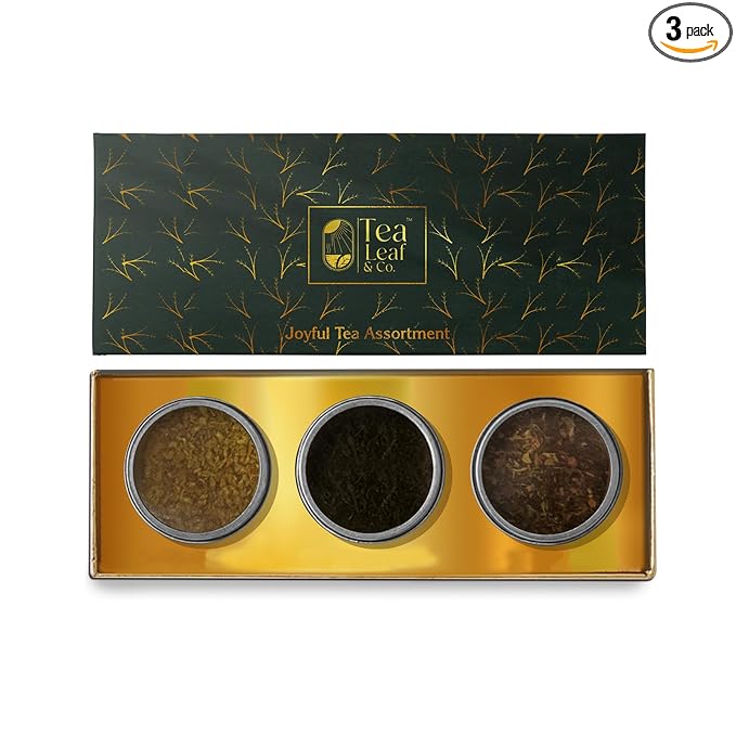 Tea Leaf & Co. Joyful 3 Pack Premium Tea Git Combo Box - Contains Sweet Hibiscus, English Breakfast Black & Turmeric Ginger Herbal Teas - Perfect for Premium Gifting (3Oz)