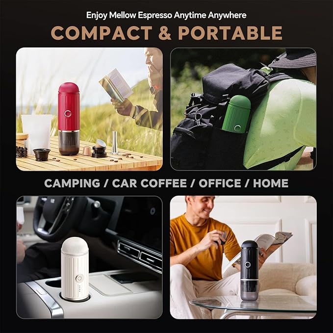 Portable Electric Espresso Machine Self-heating with USB-C, 12V 7500mAh Rechargeable Travel Coffee Maker for Camping Hiking Office Car 19 Bar Compatible with NS Capsules & Ground Coffee