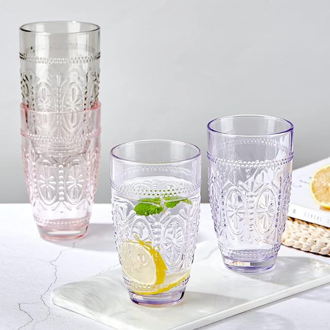 CREATIVELAND Colored Vintage Drinking Glasses Set of 4, 15.5 oz Romantic Embossed Water Glasses, Colored Tumblers Tempered Glass for Juice, Beverages, Beer, Cocktail